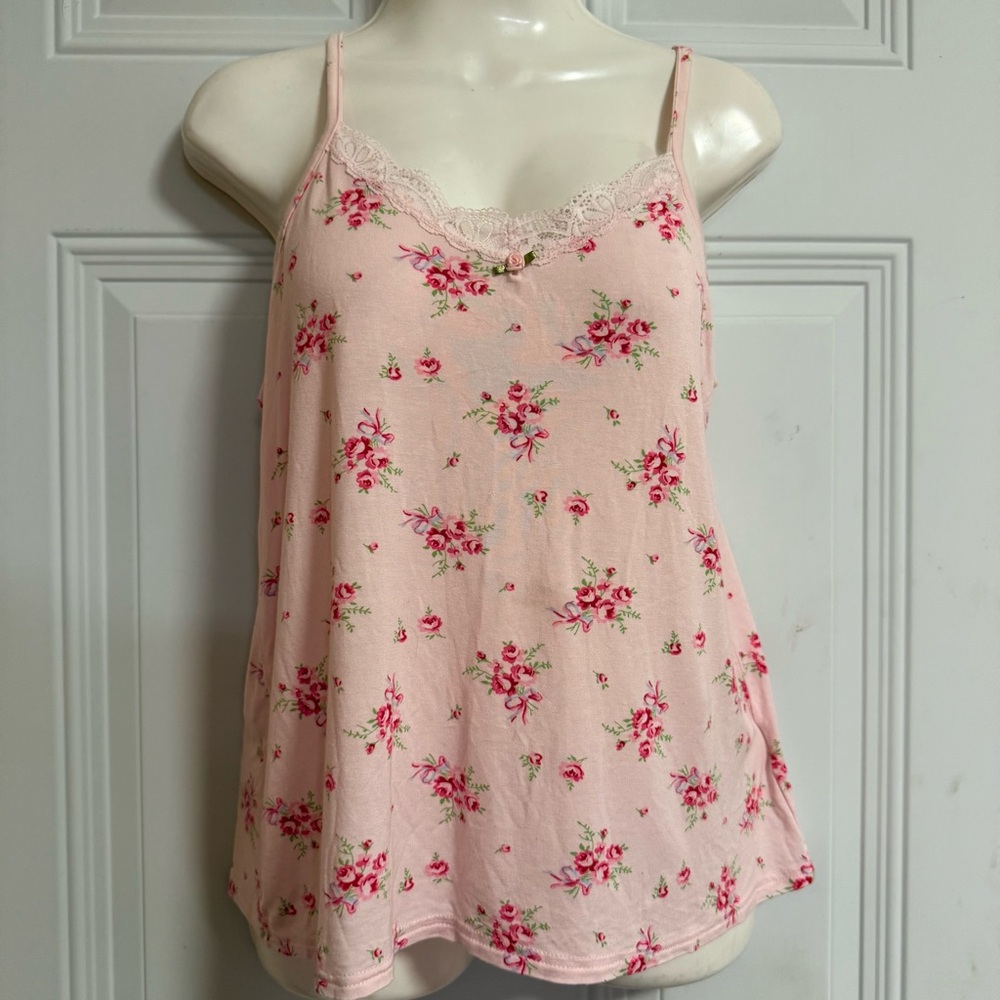 Shabby Chic Pink Floral Top SZ Large Twee‎ Girlie Timeless Classic Comfy